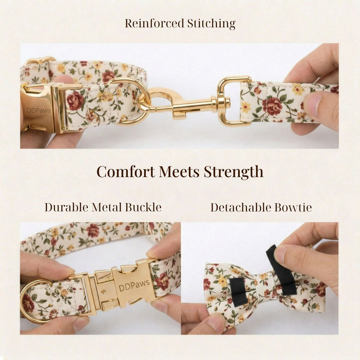 Personalized Ivory Floral Dog Harness Set - Harness, Collar & Leash