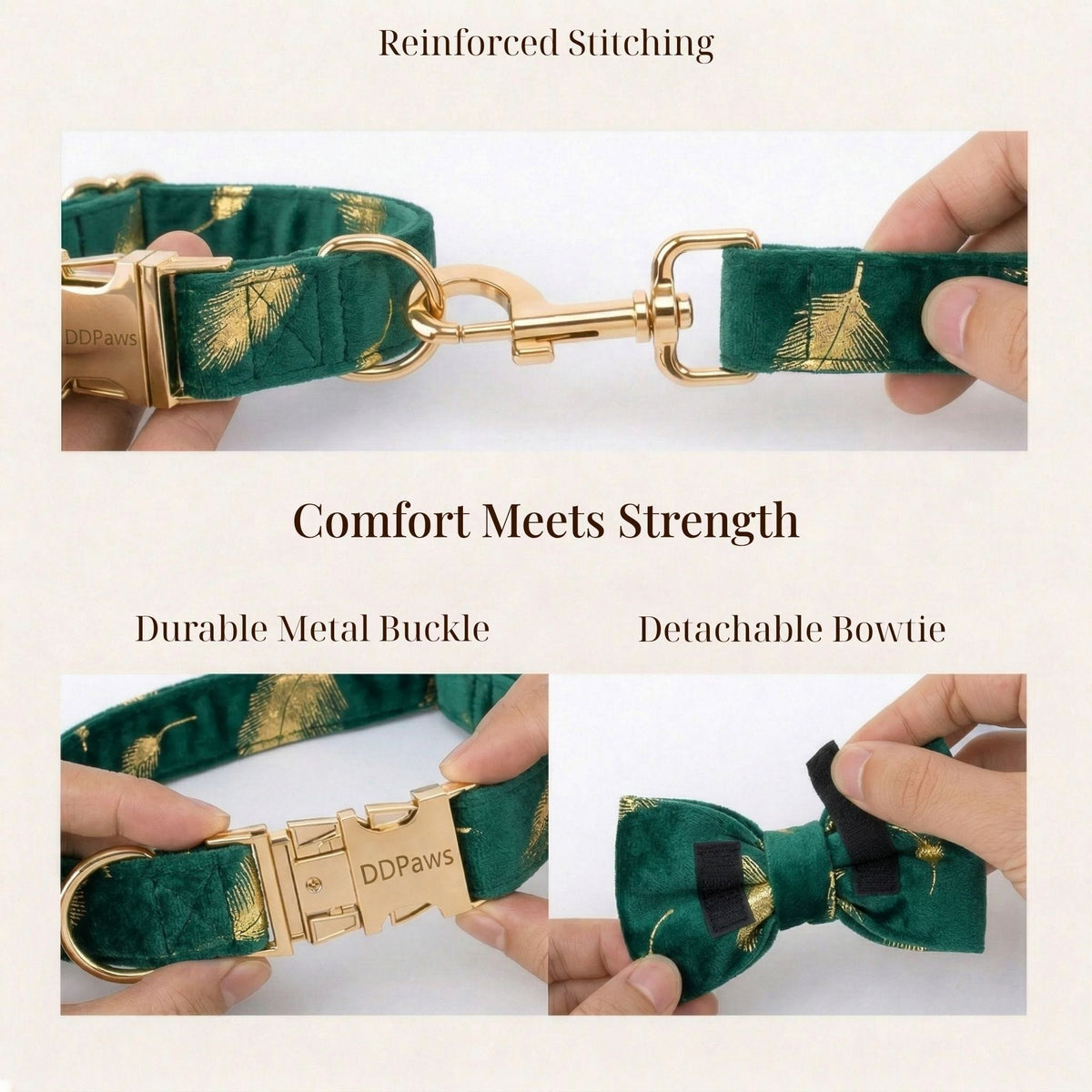 Personalized Green Velvet Floral Dog Harness Set - Harness, Collar & Leash