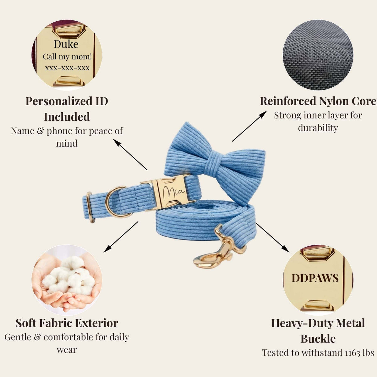 Personalized Blue Corduroy Dog Harness Set - Harness, Leash & Bow Tie