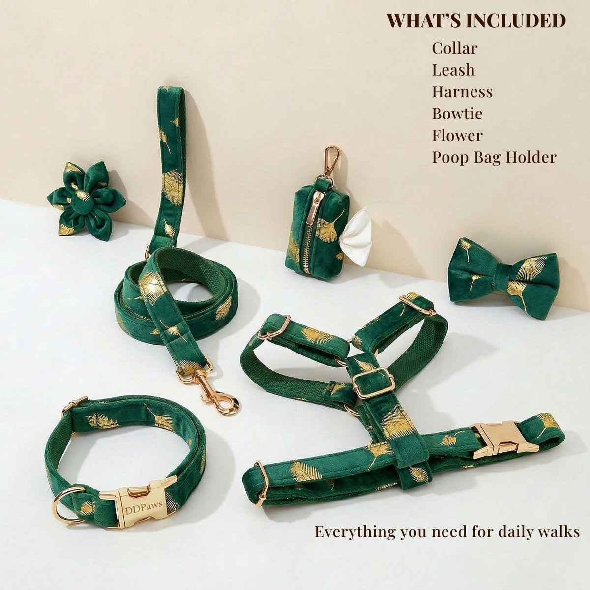 Personalized Green Velvet Floral Dog Harness Set - Harness, Collar & Leash