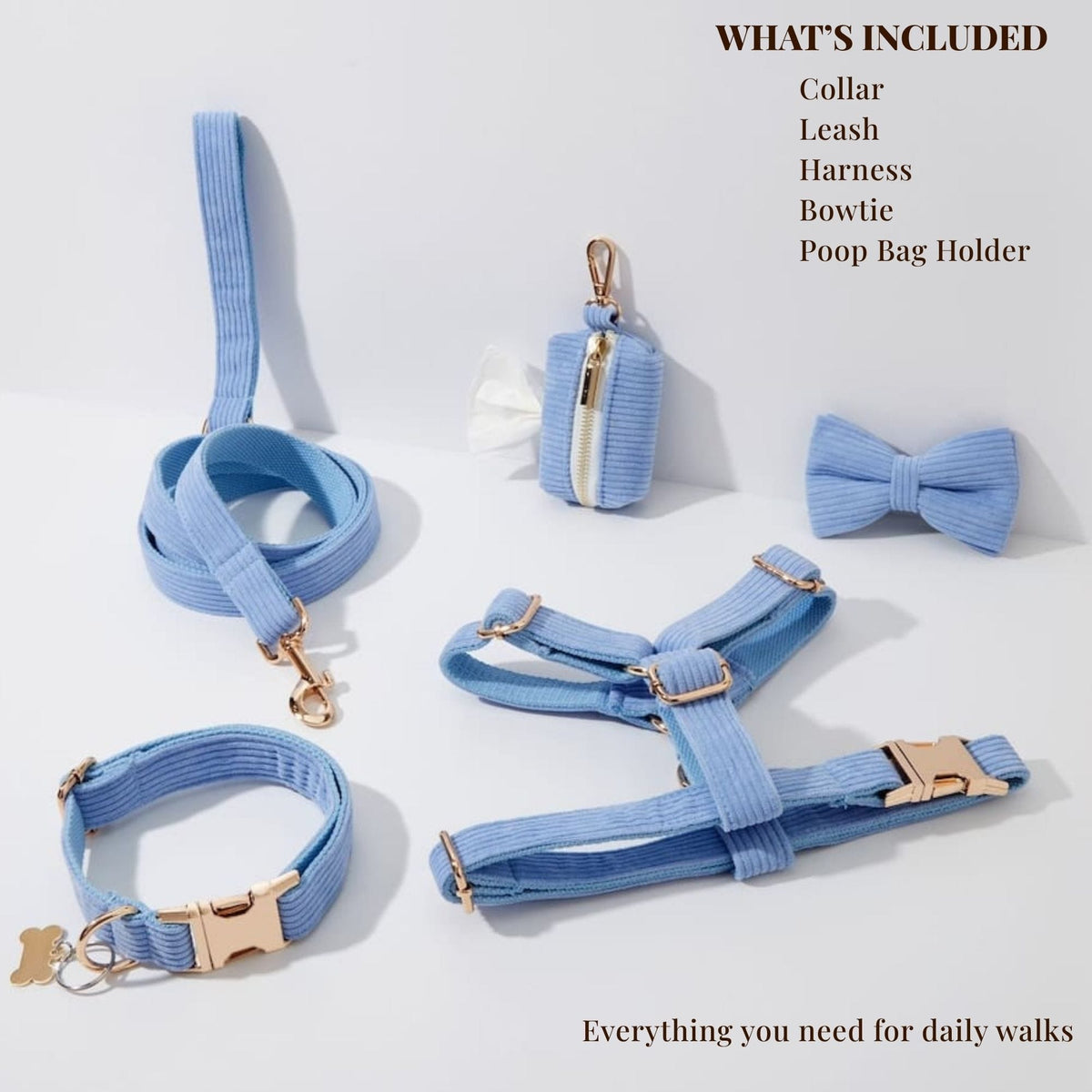 Personalized Blue Corduroy Dog Harness Set - Harness, Leash & Bow Tie