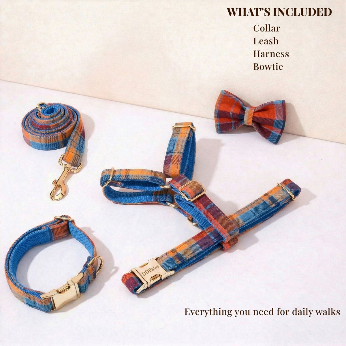 Personalized Plaid Dog Harness Set - Harness, Leash & Bow Tie