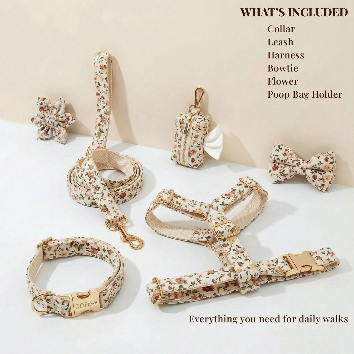 Personalized Ivory Floral Dog Harness Set - Harness, Collar & Leash