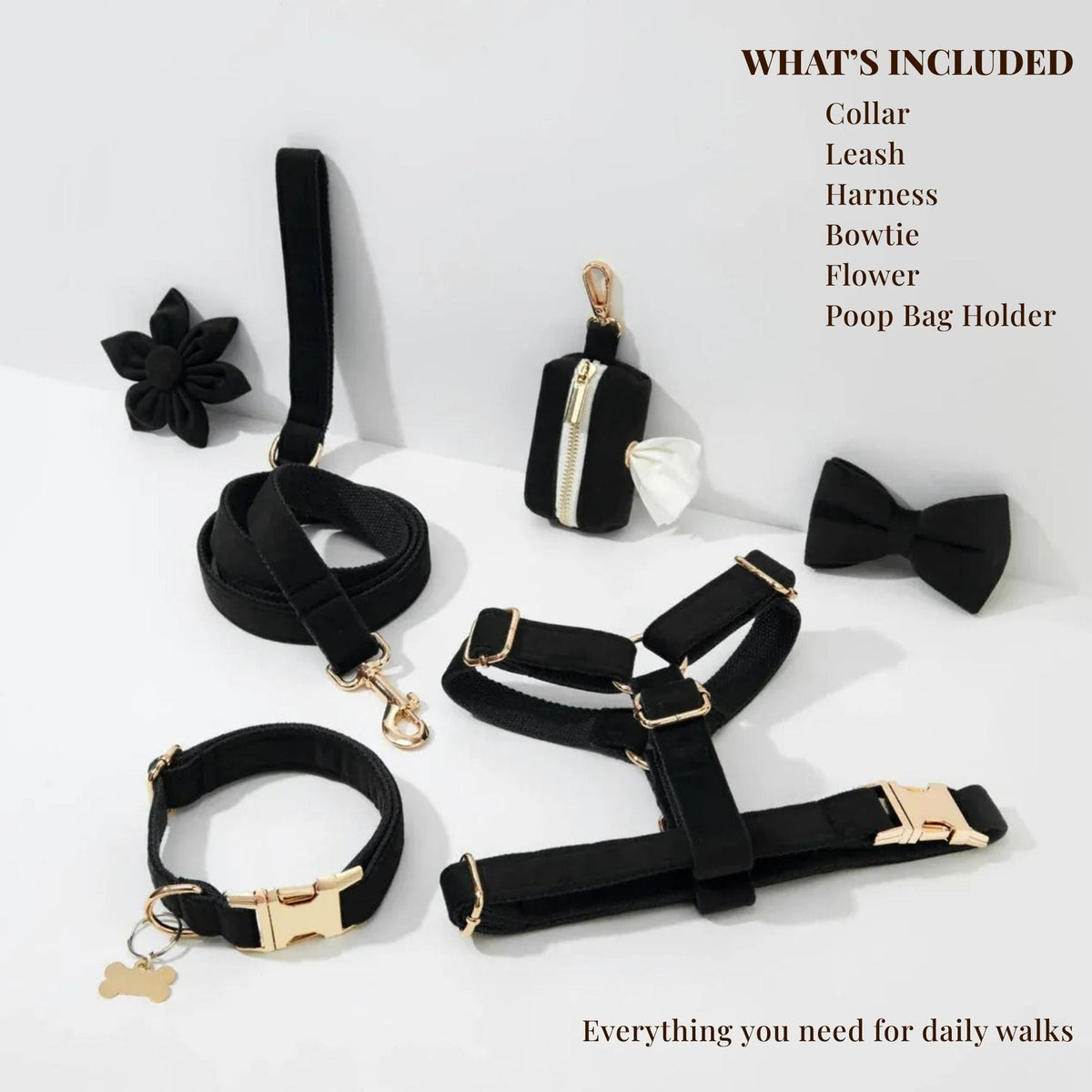 Personalized Black Velvet Dog Harness Set - Harness, Collar & Leash