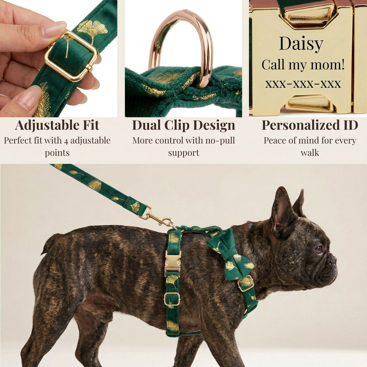 Personalized Green Velvet Floral Dog Harness Set - Harness, Collar & Leash
