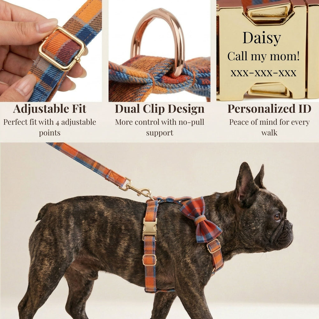 Personalized Plaid Dog Harness Set - Harness, Leash & Bow Tie
