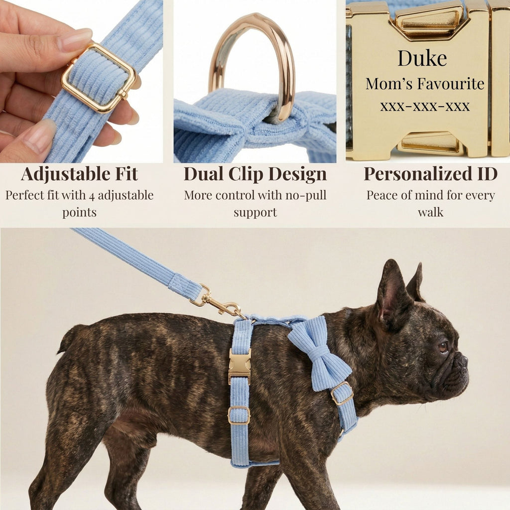 Personalized Blue Corduroy Dog Harness Set - Harness, Leash & Bow Tie