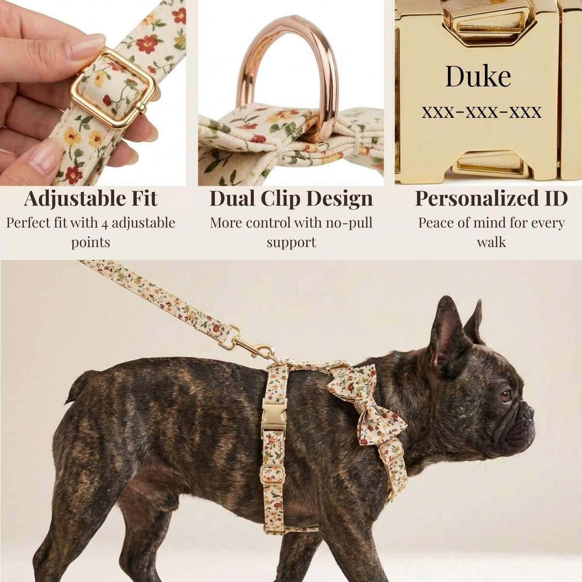 Personalized Ivory Floral Dog Harness Set - Harness, Collar & Leash