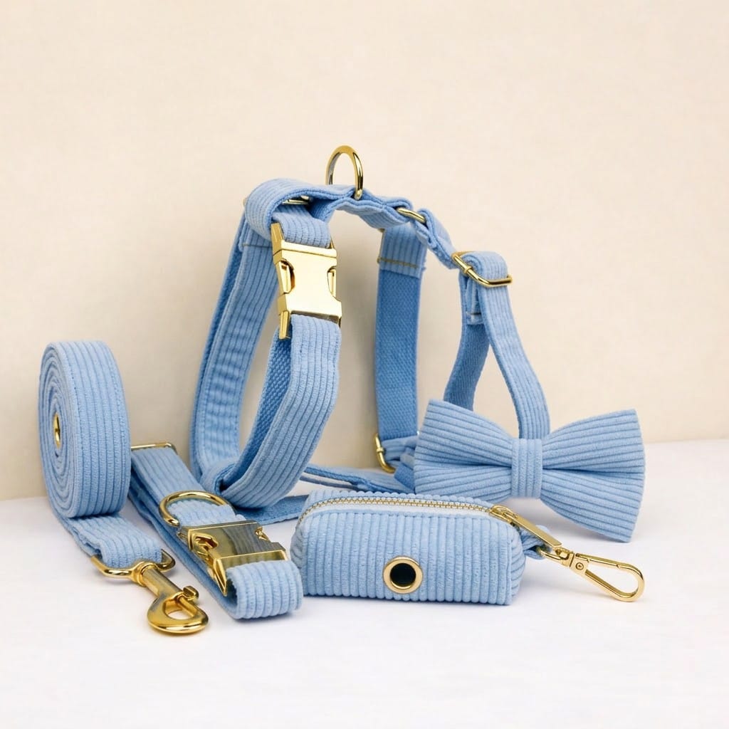 Personalized Blue Corduroy Dog Harness Set - Harness, Leash & Bow Tie