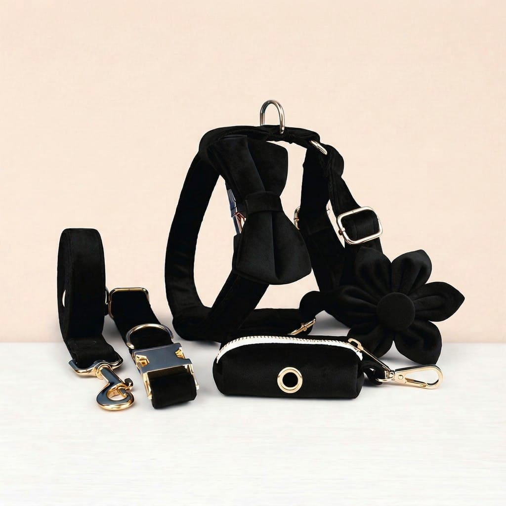 Personalized Black Velvet Dog Harness Set - Harness, Collar & Leash