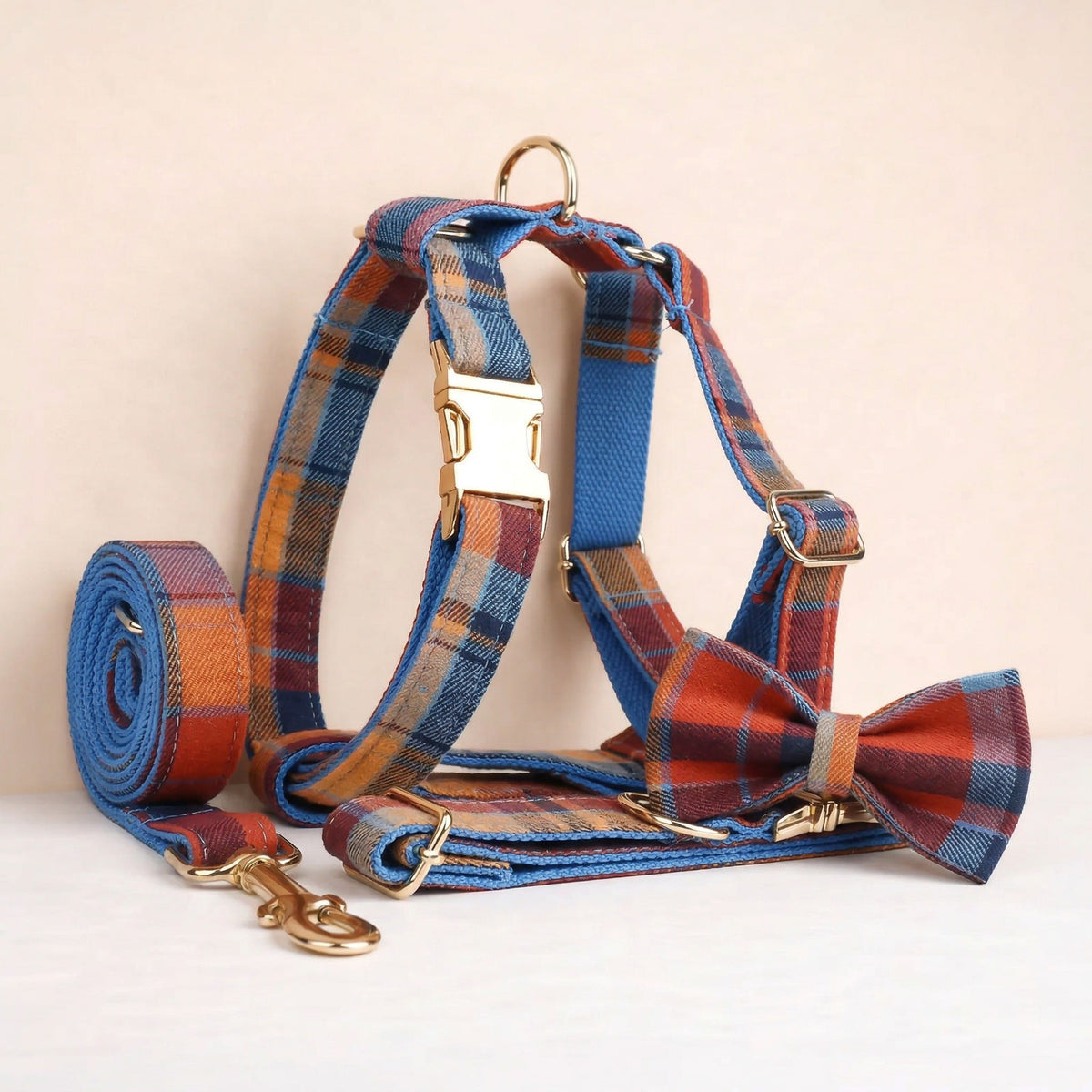 Personalized Plaid Dog Harness Set - Harness, Leash & Bow Tie