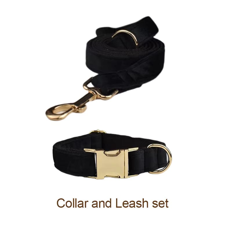 Personalized Black Velvet Dog Harness Set - Harness, Collar & Leash