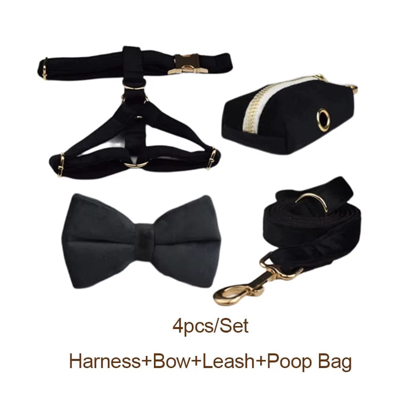 Personalized Black Velvet Dog Harness Set - Harness, Collar & Leash
