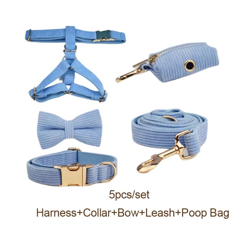 Personalized Blue Corduroy Dog Harness Set - Harness, Leash & Bow Tie