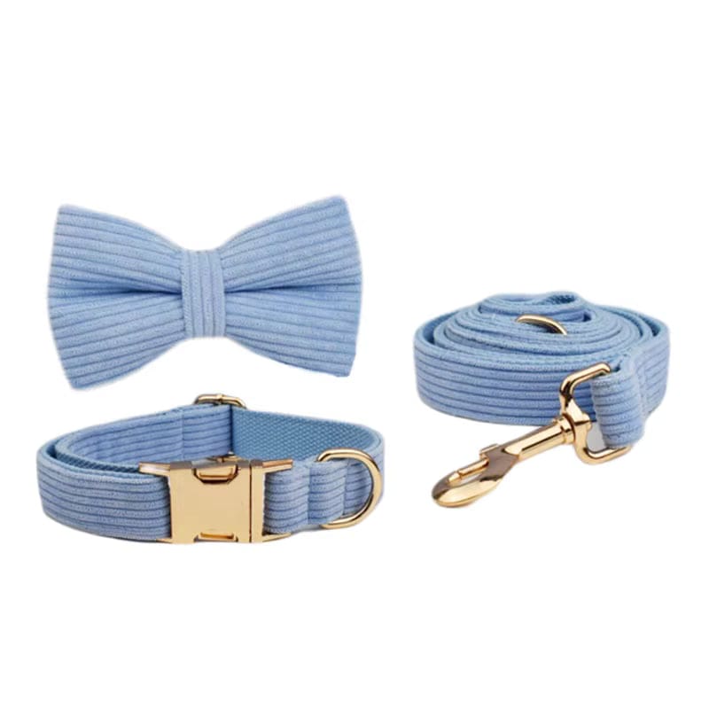 Personalized Blue Corduroy Dog Harness Set - Harness, Leash & Bow Tie