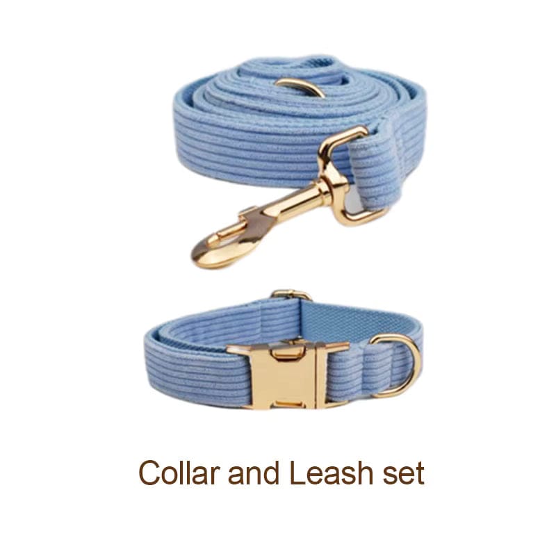 Personalized Blue Corduroy Dog Harness Set - Harness, Leash & Bow Tie