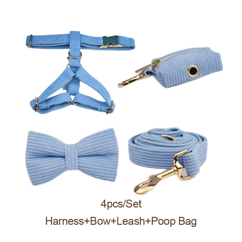 Personalized Blue Corduroy Dog Harness Set - Harness, Leash & Bow Tie