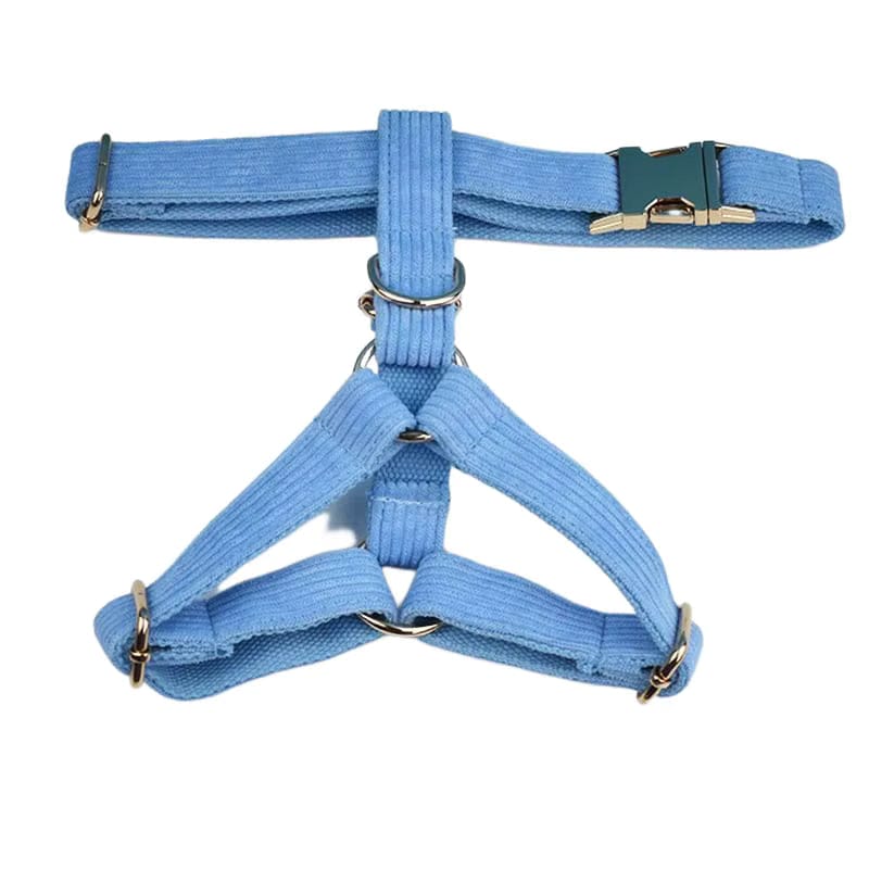 Personalized Blue Corduroy Dog Harness Set - Harness, Leash & Bow Tie