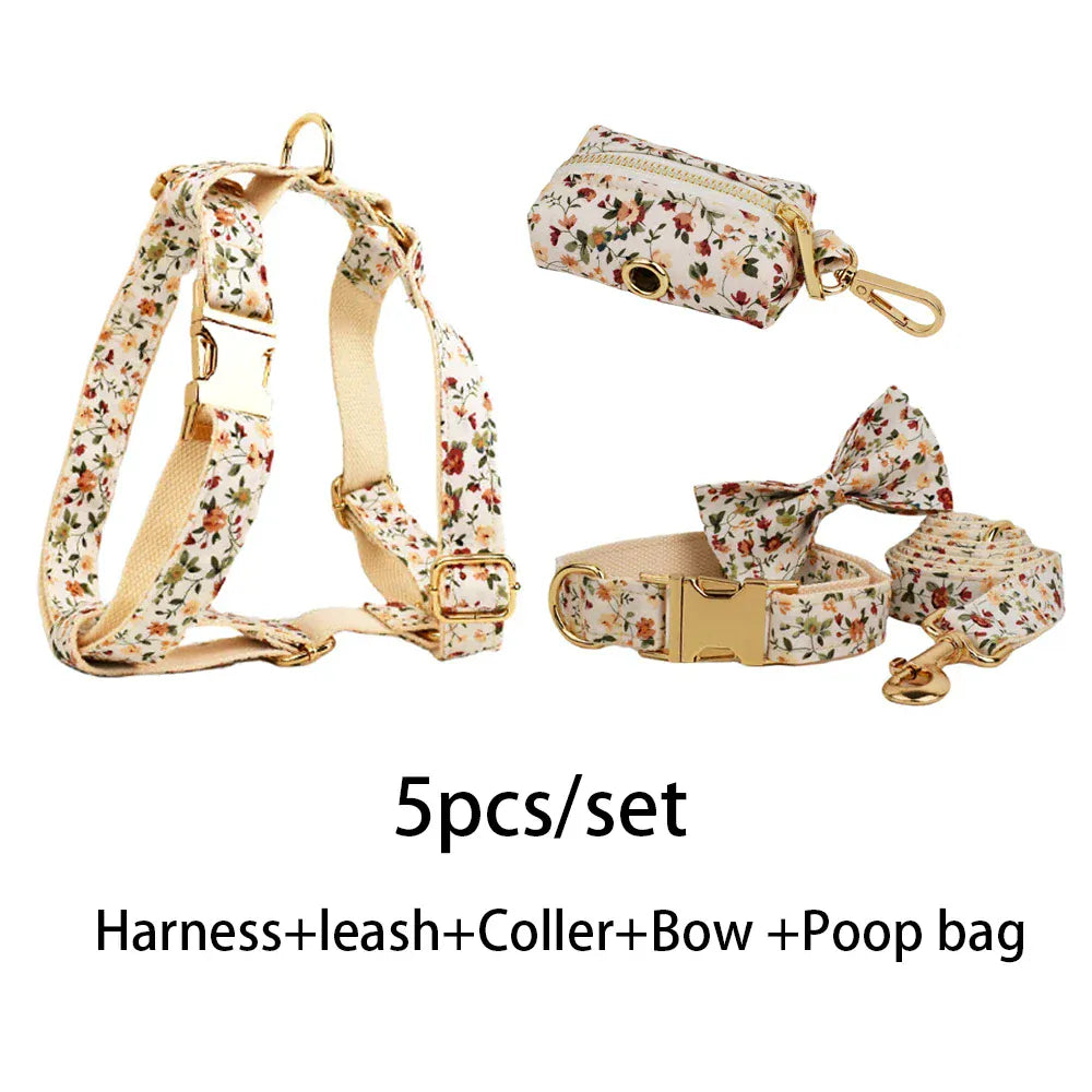 Personalized Ivory Floral Dog Harness Set - Harness, Collar & Leash