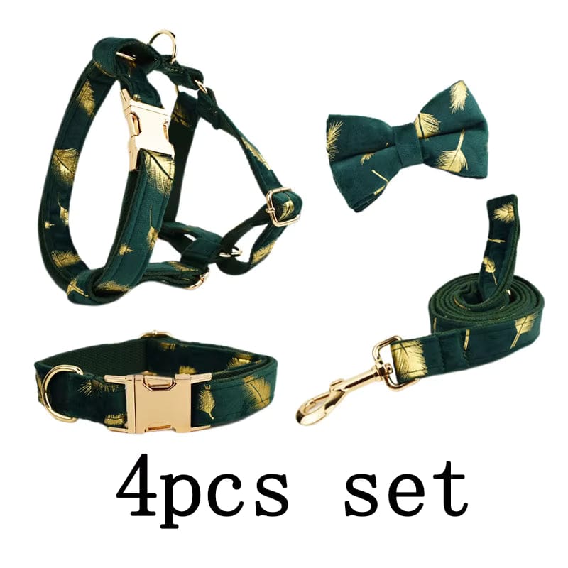 Personalized Green Velvet Floral Dog Harness Set - Harness, Collar & Leash