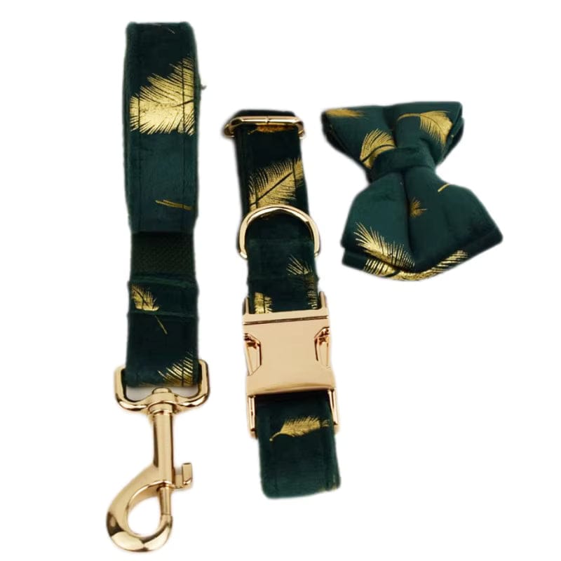Personalized Green Velvet Floral Dog Harness Set - Harness, Collar & Leash