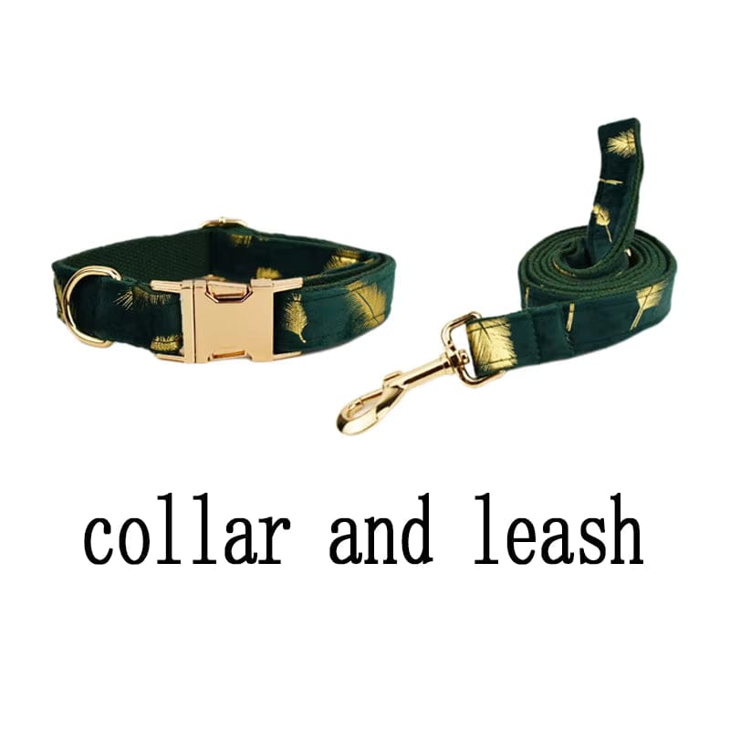 Personalized Green Velvet Floral Dog Harness Set - Harness, Collar & Leash