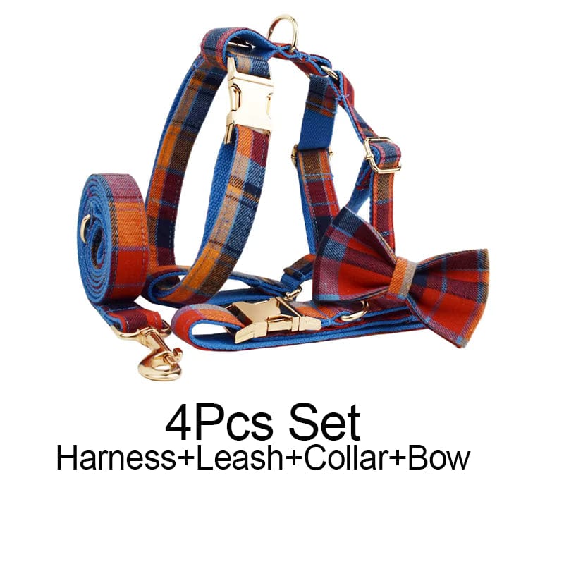 Personalized Plaid Dog Harness Set - Harness, Leash & Bow Tie