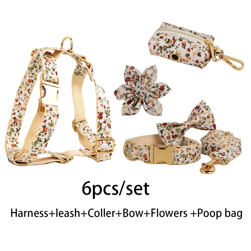 Personalized Ivory Floral Dog Harness Set - Harness, Collar & Leash