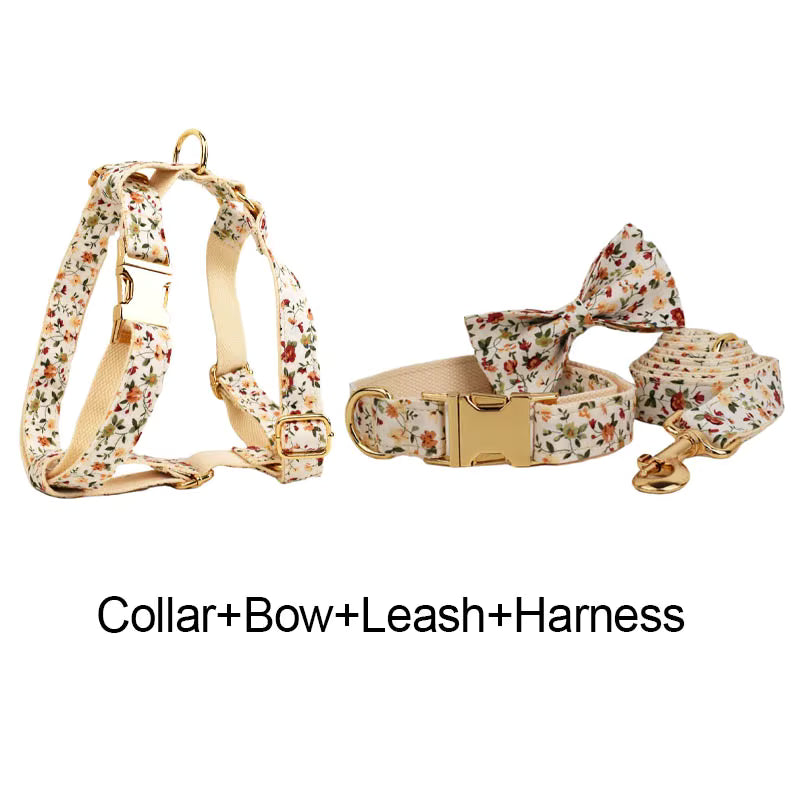Personalized Ivory Floral Dog Harness Set - Harness, Collar & Leash