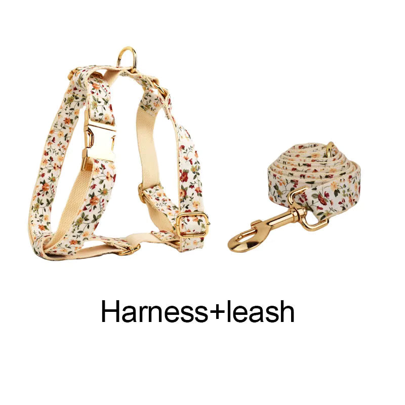 Personalized Ivory Floral Dog Harness Set - Harness, Collar & Leash