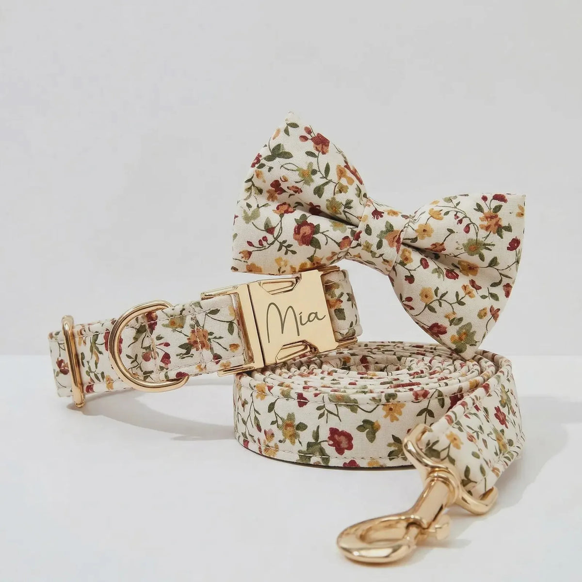 Personalized Ivory Floral Dog Harness Set - Harness, Collar & Leash